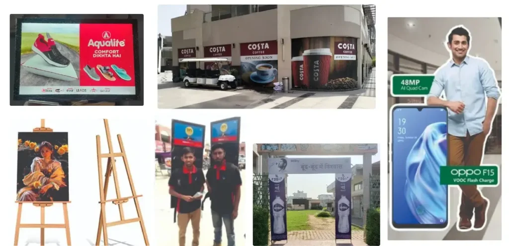 "Collection of various advertisement formats, including digital billboards, wall branding for Costa Coffee, a life-size cutout for Oppo F15, easel-mounted promotional posters, human banner advertising, and an entry gate advertisement for Kinley water." "Collection of various advertisement formats, including digital billboards, wall branding for Costa Coffee, a life-size cutout for Oppo F15, easel-mounted promotional posters, human banner advertising, and an entry gate advertisement for Kinley water."