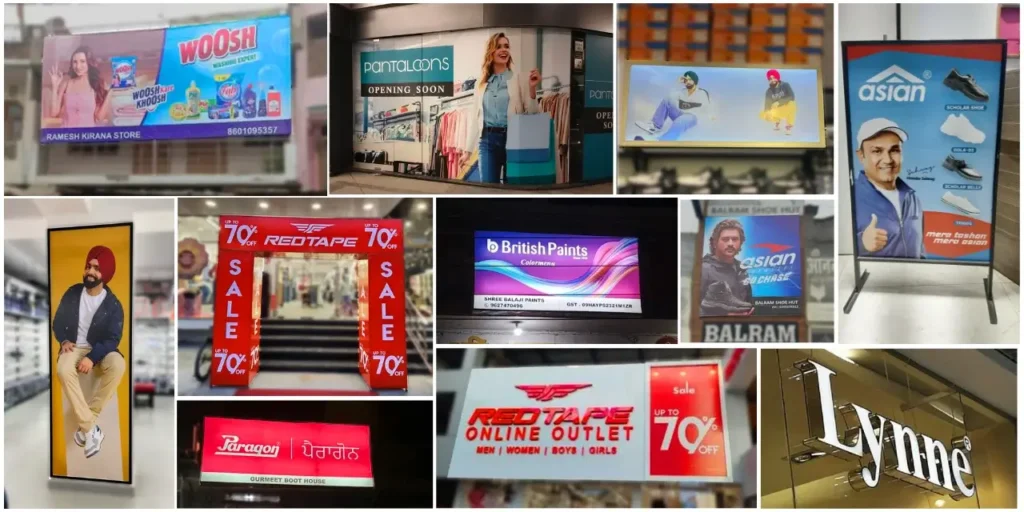 "Collage of retail advertisements, including billboards, store branding, sale promotions, and product displays for brands like Woosh, Pantaloons, Asian, Red Tape, Paragon, British Paints, and Lynne. "Collage of retail advertisements, including billboards, store branding, sale promotions, and product displays for brands like Woosh, Pantaloons, Asian, Red Tape, Paragon, British Paints, and Lynne."