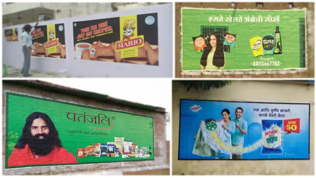 "Collage of outdoor wall advertisements featuring brands like Mario suji toast, Patanjali products, Wheel detergent, and Nihar Shanti Amla, highlighting product promotions and endorsements by well-known personalities." "Collage of outdoor wall advertisements featuring brands like Mario suji toast, Patanjali products, Wheel detergent, and Nihar Shanti Amla, highlighting product promotions and endorsements by well-known personalities."