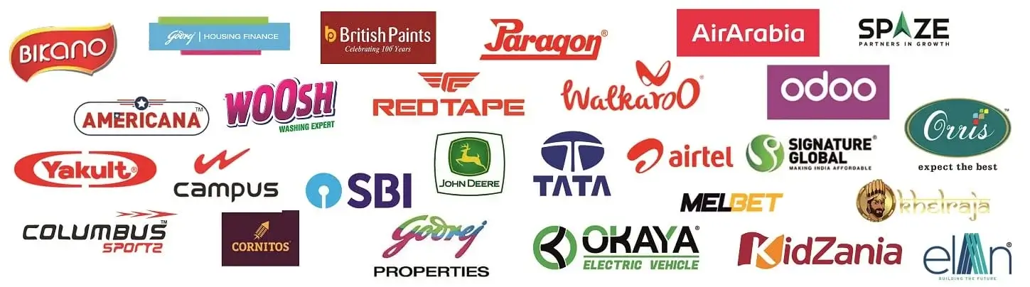 "A collection of brand logos, including Bikano, Godrej, Paragon, Air Arabia, Spaze, Americana, Woosh, Red Tape, Walkaroo, Odoo, Oris, Yakult, SBI, Tata, Airtel, Columbus Sports, Cornitos, and more." "A collection of brand logos, including Bikano, Godrej, Paragon, Air Arabia, Spaze, Americana, Woosh, Red Tape, Walkaroo, Odoo, Oris, Yakult, SBI, Tata, Airtel, Columbus Sports, Cornitos, and more."
