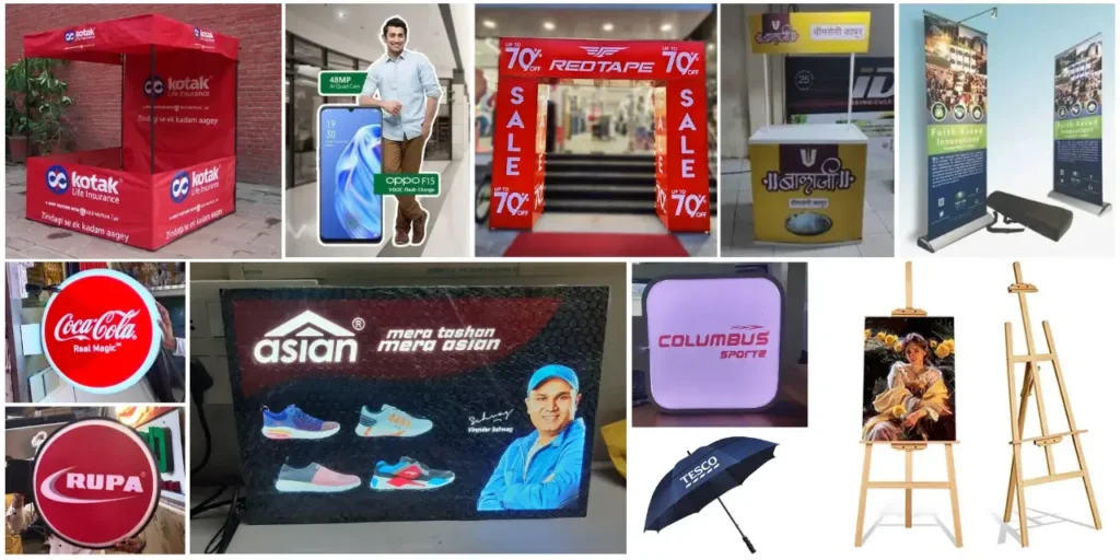 "Various promotional advertising methods, including canopy tents, cutouts, sale archways, standees, illuminated signs, display counters, umbrellas, and easel posters for brands like Kotak, Oppo, Red Tape, Coca-Cola, and Tesco." "Various promotional advertising methods, including canopy tents, cutouts, sale archways, standees, illuminated signs, display counters, umbrellas, and easel posters for brands like Kotak, Oppo, Red Tape, Coca-Cola, and Tesco."