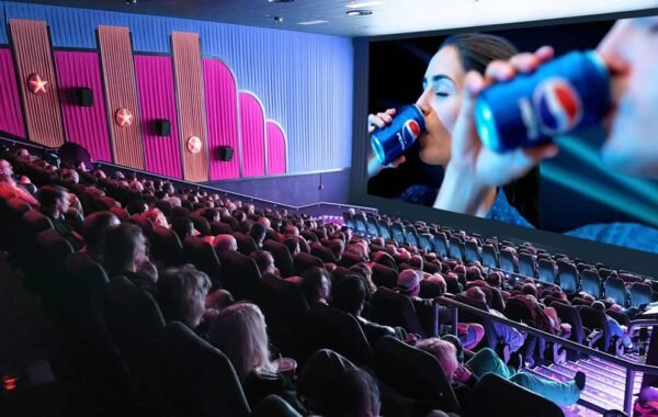 Cinema advertising display on big screen before movie starts, engaging audience with impactful brand message Cinema advertising display on big screen before movie starts, engaging audience with impactful brand message
