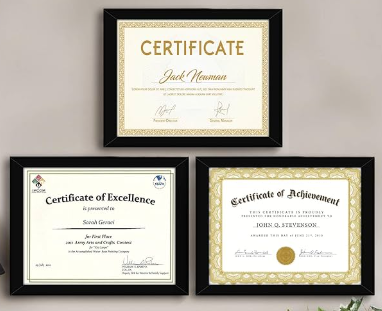 Framed Certificates of Excellence, Achievement, and Recognition, Office Wall Decor "Three black-framed certificates displayed on a wall, including a Certificate of Excellence, Certificate of Achievement, and a general Certificate awarded for individual performance and recognition."
