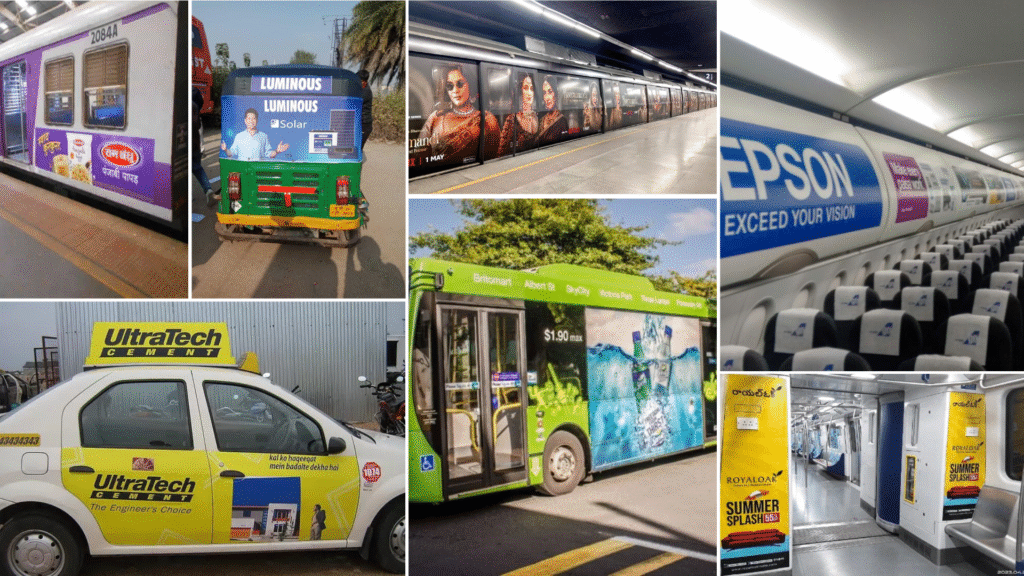 Travel Photo Collage Desktop Wallpaper (1) A collage showcasing transit advertising on trains, buses, taxis, autos, metro interiors, and airplane cabins featuring brands like Ram Bandhu, Luminous, UltraTech Cement, Epson, and Royal oak.
