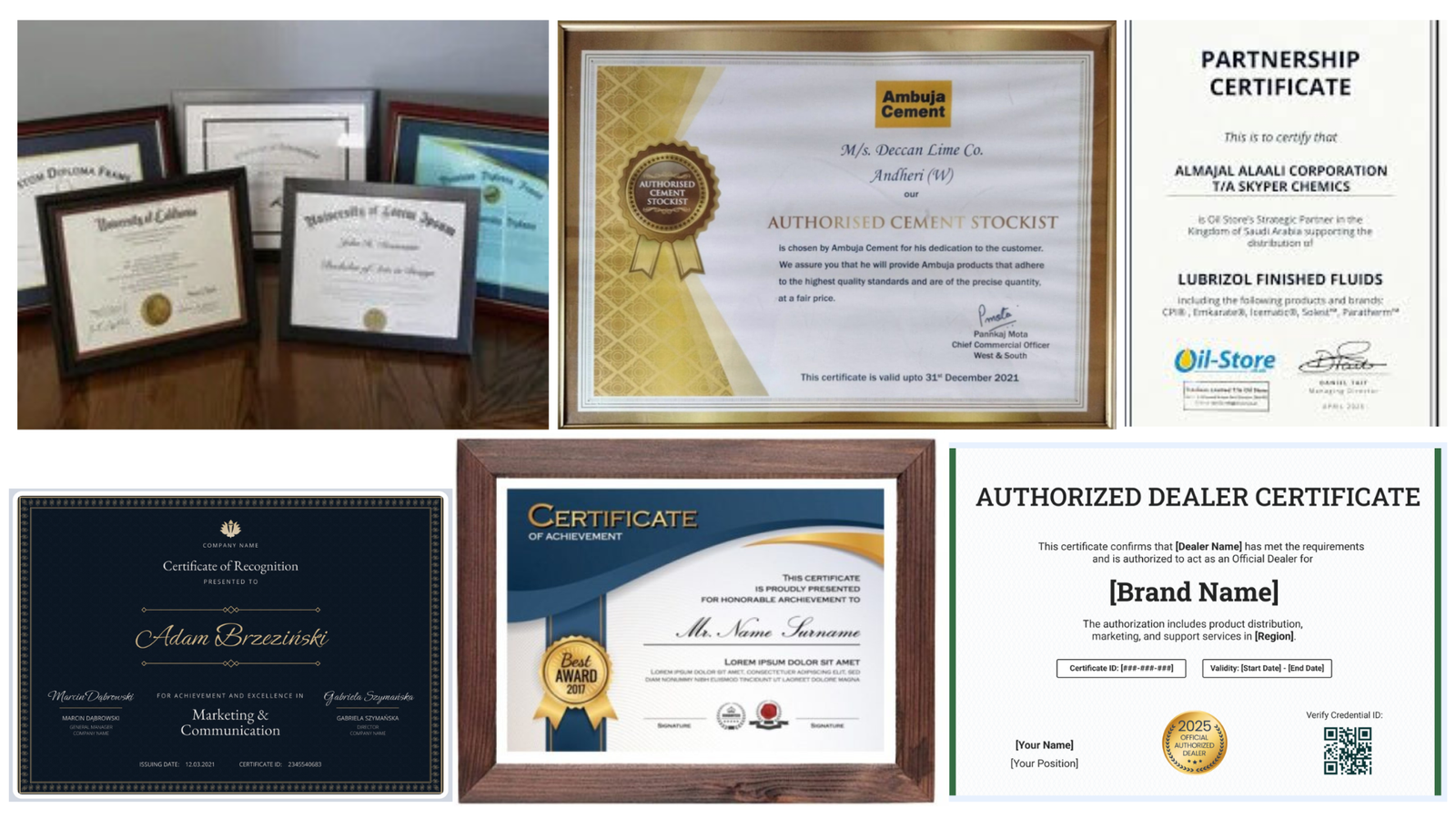 Authorized Dealer, Partnership & Recognition Certificates | Acme Advertising "A collage of professionally designed certificates including diploma frames, authorized dealer certificates, partnership certification, and recognition awards for excellence in various sectors, curated and presented by Acme Advertising."