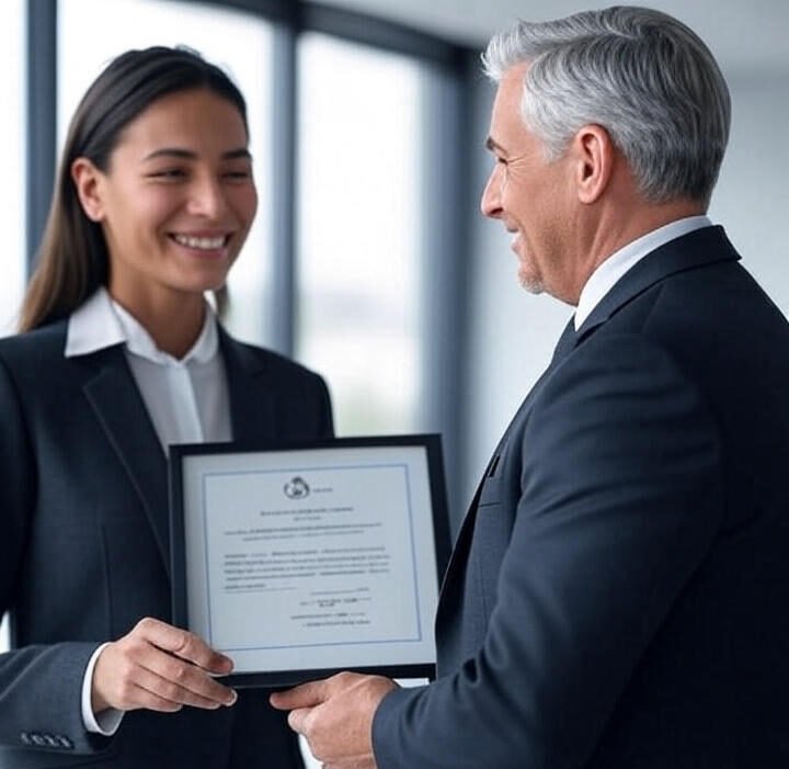 Acme Advertising Employee Recognition Certificate – Workplace Appreciation Ceremony "Corporate woman receiving an employee recognition certificate from senior executive during a formal ceremony organized by Acme Advertising"