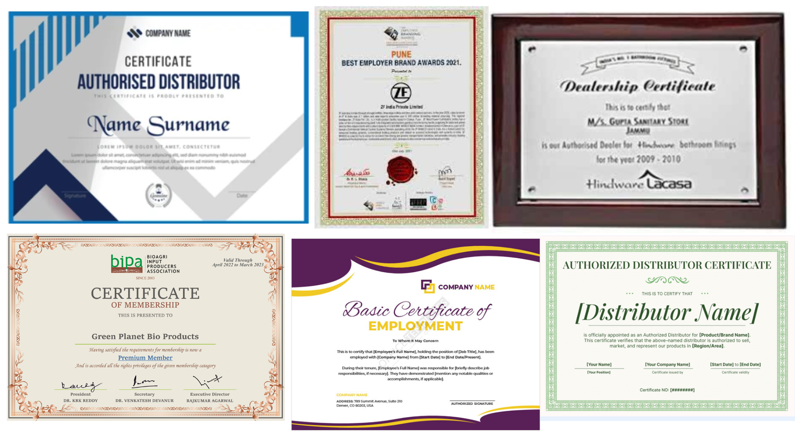 Corporate Distributor & Employment Certificates | Designed by Acme Advertising "A collage of six different framed and digital certificates including distributor certificates, dealership awards, brand recognition, and employment verification, designed and presented by Acme Advertising for corporate and professional use."