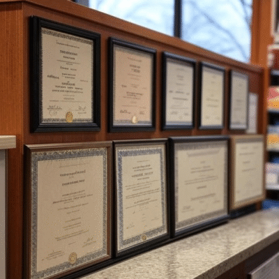 Professional Certificate Wall Display in Office Setting | Acme Advertising "A row of framed professional certificates mounted on a wooden panel wall near a window, designed and arranged by Acme Advertising to enhance store or office credibility and aesthetics."