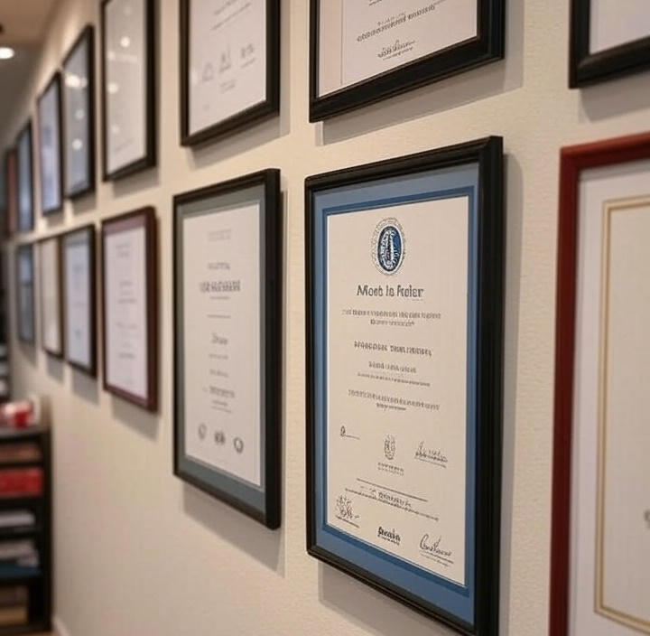 Professional Wall Display of Framed Certificates | Acme Advertising Design "Side view of a hallway lined with neatly framed professional certificates on a cream wall, designed and curated by Acme Advertising for corporate and institutional display."