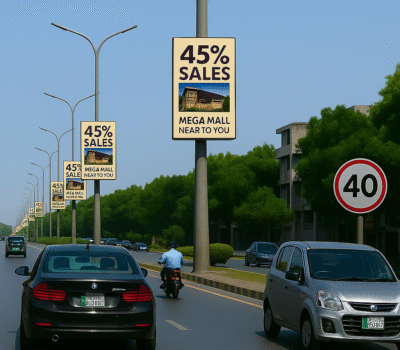 Acme Advertising Co. Pole Kiosk advertising companies in Lucknow Banners – 45% Mega Mall Sale A tree-lined city road with light traffic, featuring Acme Advertising Co. pole kiosk advertising companies in Lucknow banners reading “45% Sales – Mega Mall Near to You” and a 40 km/h speed limit sign.
