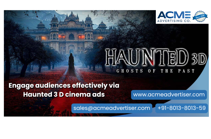 Haunted 3D Cinema Ads – Captivate with ACME’s Dark Magic Gothic palace and shadowy figure from Haunted 3D ad, promoting ACME’s spooky cinema ads for high-impact festive and regional branding.