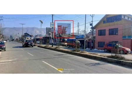 Consumer Goods Billboard – Unipole Companies in J&K Consumer goods unipole in hilly town ACME Advertising Co., top unipole advertising companies in Jammu and Kashmir, boosts regional brand presence.