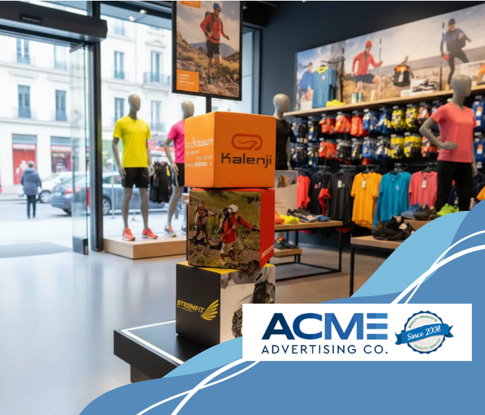 Cube Box Advertising in Retail Stores | Acme Advertising Co. Cube box advertising display used for retail branding and product promotion inside a sports store by Acme Advertising Co.