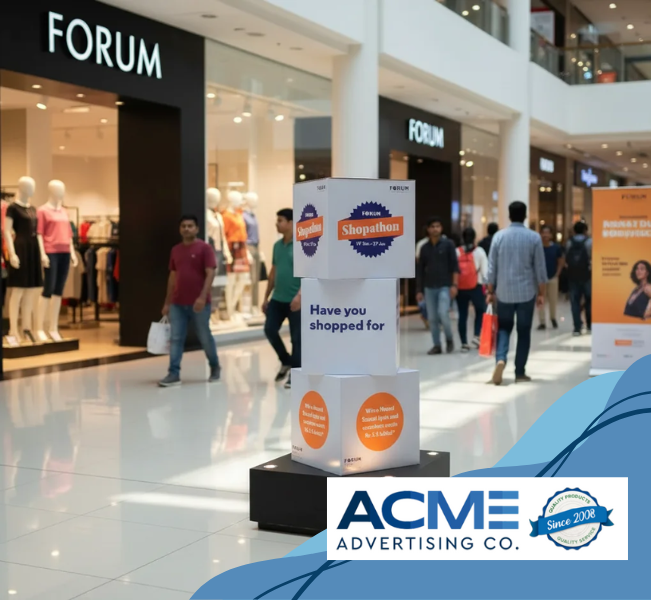 Mall Cube Box Advertising | Acme Advertising Co. Cube box advertising display for retail promotion at a shopping mall by Acme Advertising Co.