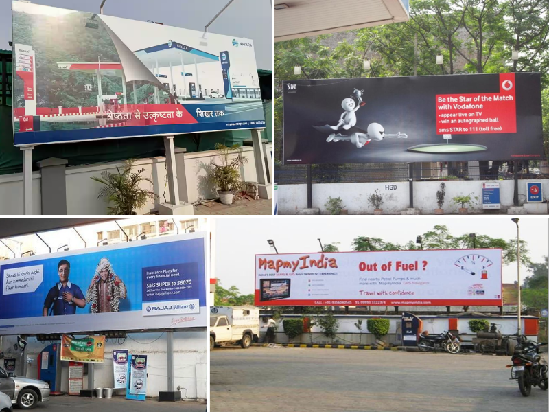Petrol Pump Advertising Collage Featuring Indian Oil, Vodafone, SBI Life & MapmyIndia Collage of petrol pump ads featuring Indian Oil, Vodafone cricket offer, SBI Life insurance, and MapmyIndia navigation branding. Petrol Pump Hoarding Advertising Company