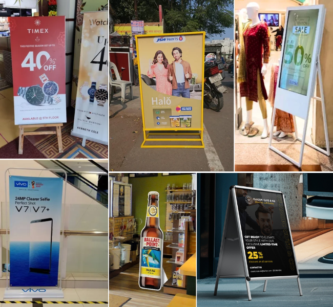 Retail Standee Designs with Festive Offers & Brand Promos Collage of six promotional standees featuring watch, beer, grooming, smartphone, fiber service, and retail sale offers.