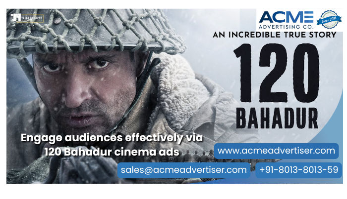 Promote your brand with 120 Bahadur cinema ads by ACME. Engage audiences through patriotic visuals and true-story impact across festive campaigns. Soldier in snowy terrain from 120 Bahadur ad, promoting ACME’s cinema ads for emotional, patriotic, and high-engagement brand campaigns.