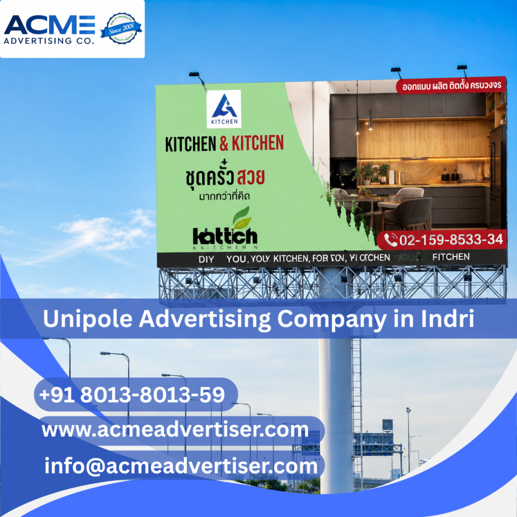 High-visibility unipole advertising display by ACME Advertising Co. near New Bus Stand Indri at a busy roadside location.