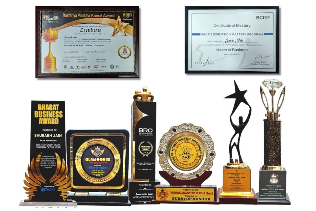 Acme Advertising Co. awards display showcasing excellence in billboard, hoarding, unipole & gantry advertising services Acme Advertising Co. awards display showcasing excellence in billboard, hoarding, unipole & gantry advertising services