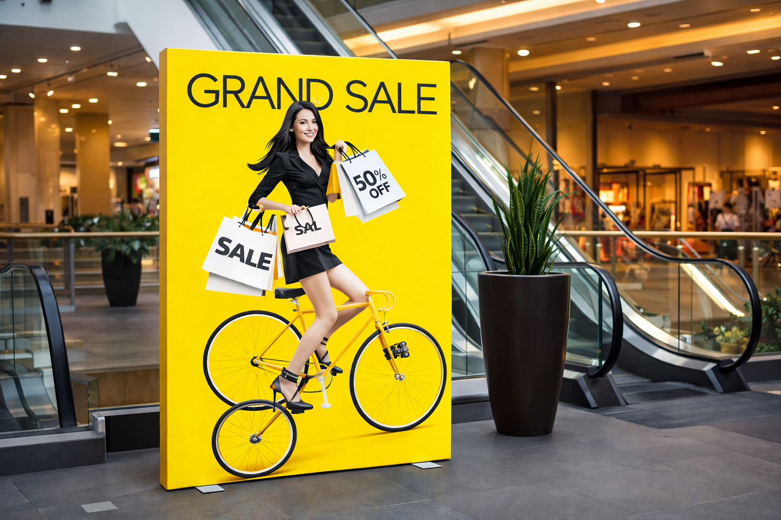 Mall Standee Advertising Display Near Escalator | ACME Advertising Large mall standee advertising display near escalator in shopping mall by ACME Advertising