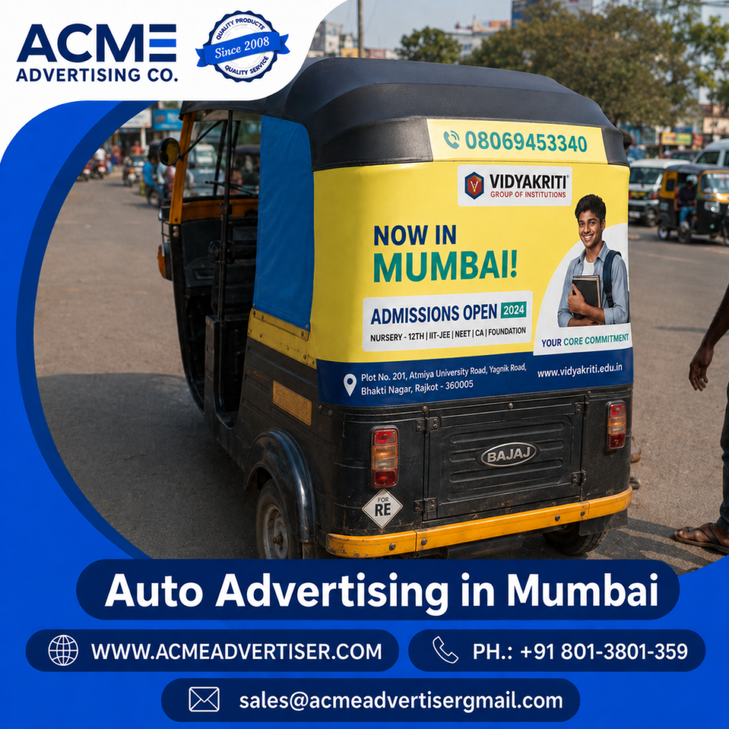 Auto advertising campaign in Mumbai featuring branded auto rickshaws with ACME Advertising Co. outdoor marketing and transit branding design.