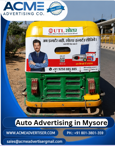 Auto rickshaw advertising campaign in Mysore featuring Solar inverter brand promoted by ACME Advertising Co with high-visibility outdoor mobile branding