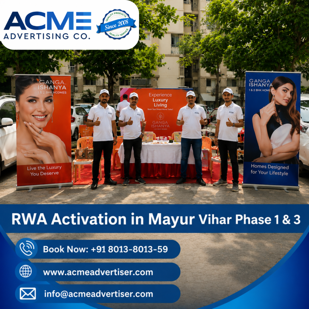 RWA Activation Company in Mayur Vihar Phase 1 & 3 promotional event setup with branded outdoor displays, activity booth, and community engagement campaign by ACME Advertising Co.