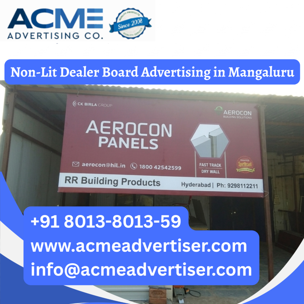 Aerocon Panels dealer board advertising in Mangaluru showcasing non lit outdoor branding, retail signage, and local business visibility for construction materials.
